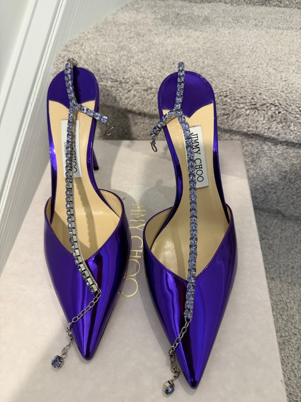 Jimmy Choo Metallic Purple Crystal T-Strap Pointed Slingback Heels